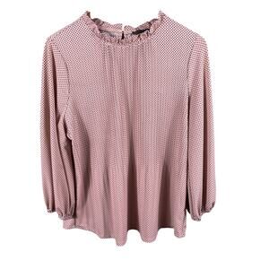 Adrianna Papell Women Large Pink Polka Dot Ruffle Hem Long Sleeve Top Blouse